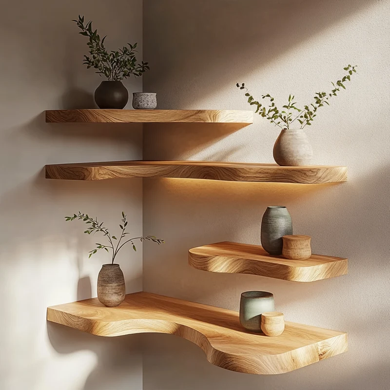 Natural Edge Solid Wood Corner Floating Shelves Calm Modern Interior Decor SINLKIFL396