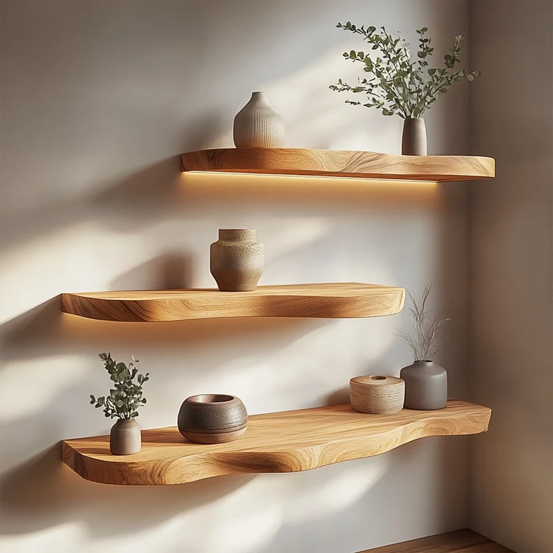 Spry Interior Minimal Solid Wood Floating Shelves with Integrated Lighting, Modern Wall Mounted Display Shelf for Living Room, SINLKIFL395