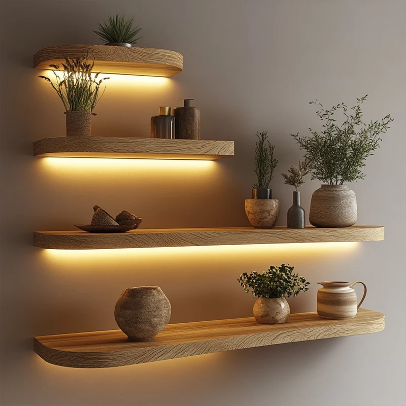 Warm Light Solid Wood Floating Shelves Modern Wall Display Interior SINLKIFL392