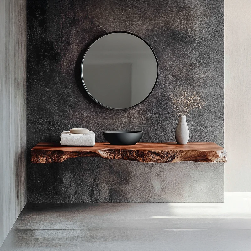 Spry Interior Minimalist Rustic Bathroom Vanity, Floating Live Edge Solid Wood Sink Console Shelf & Bathroom Organizer, SINLSABRV258