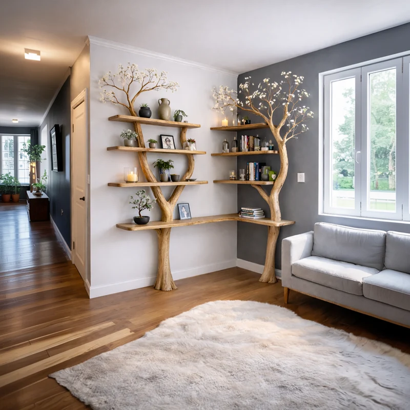 Spry Interior Nature Inspired Solid Wood Tree Display Bookcase, Handcrafted Floating Branch Wall Mounted Shelf for Living Room, SINLKITB640