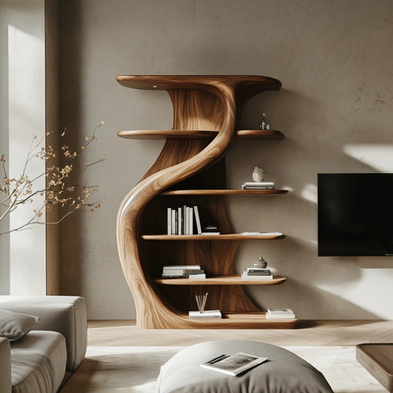 Rustic Handcrafted S Shape Wooden Cabinet Solid Wood Living Room Interior Feature Decor SINLKISC447