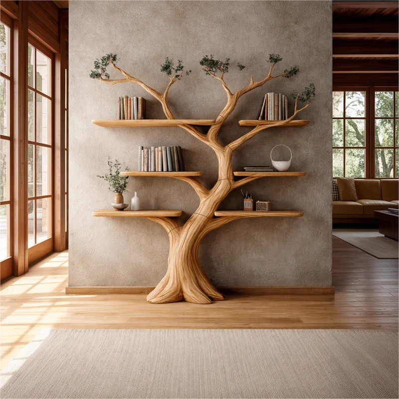 Spry Interior Organic Wood Tree Bookcase, Handcrafted Solid Wood Floating Branch Bookshelf Wall Mounted Display for Living Room, SINLKITB637