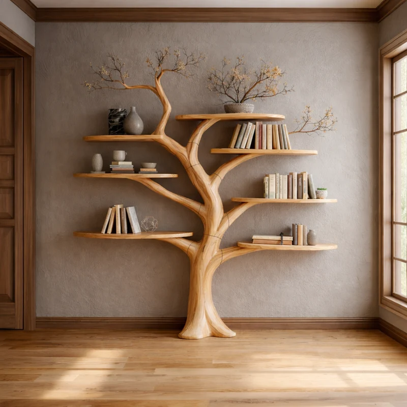 Spry Interior Midcentury Sculptural Wood Tree Bookshelf, Handcrafted Wall Mounted Floating Branch Bookcase for Living Room Art, SINLKITB636