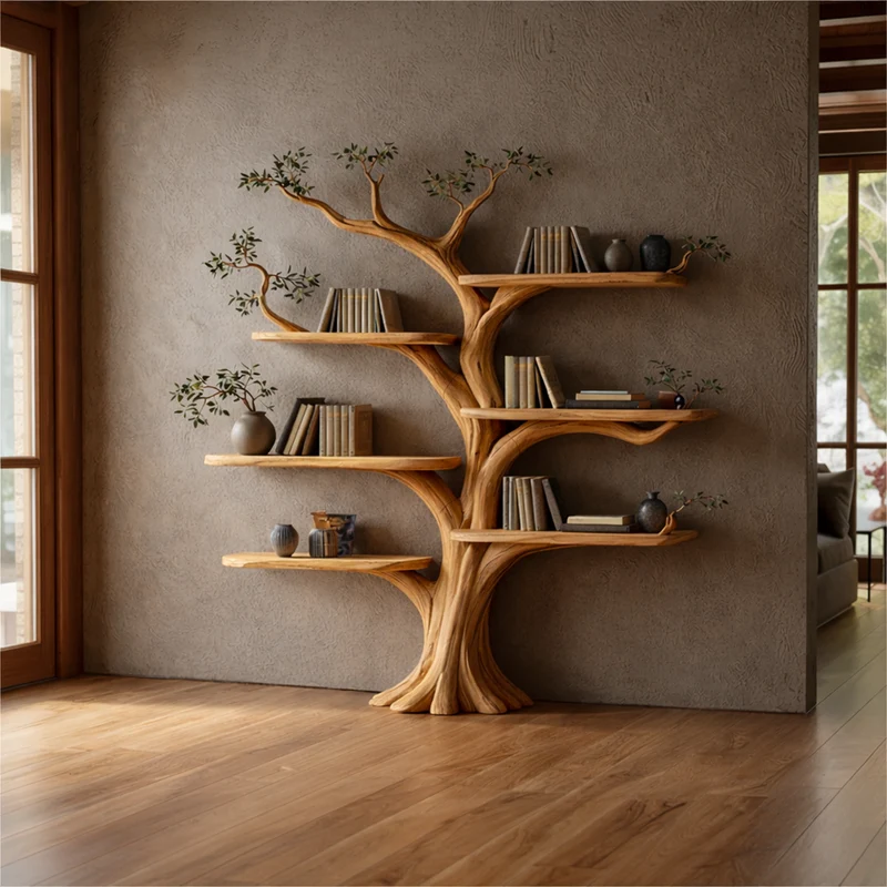 Spry Interior Rustic Tree Style Bookshelf, Handcrafted Solid Wood Floating Branch Wall Mounted Bookcase for Modern Home Decor, SINLKITB635