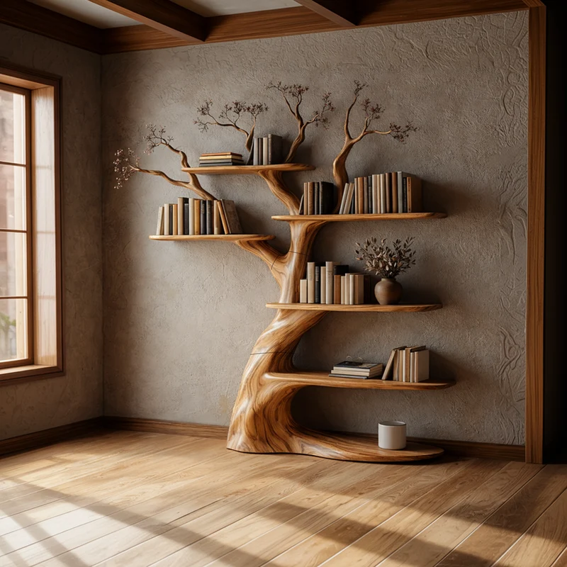 Spry Interior Artisan Tree Inspired Wood Bookshelf, Handcrafted Floating Branch Wall Mounted Bookcase Storage for Home Office, SINLKITB634