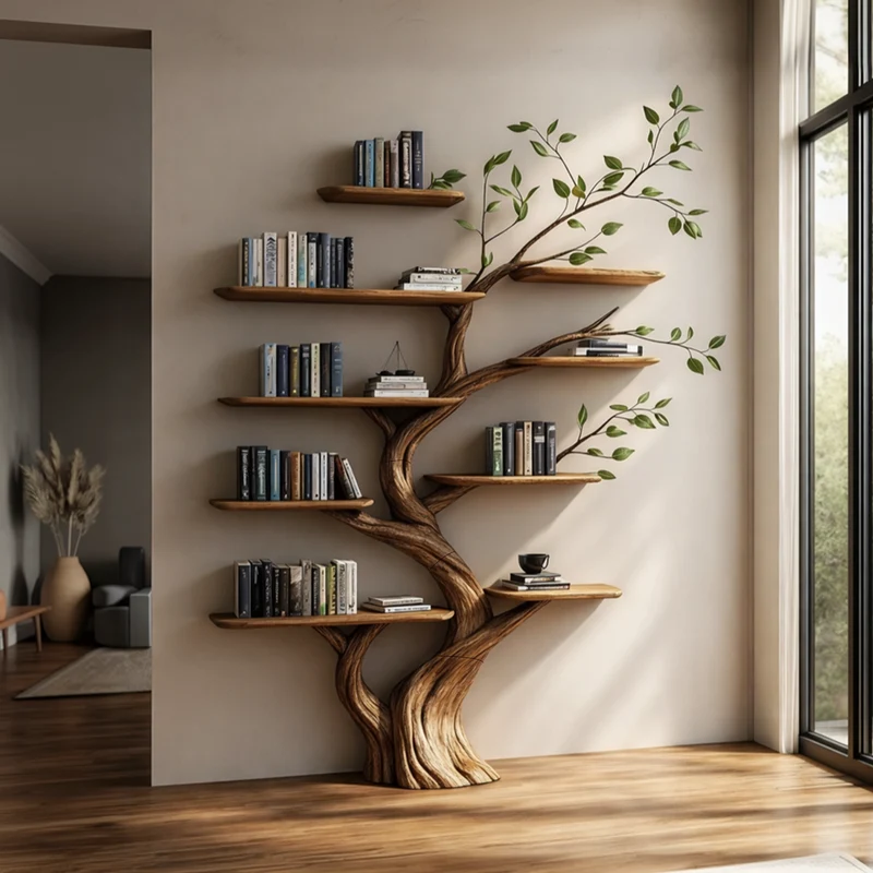 Spry Interior Rustic Wood Tree Bookcase, Handcrafted Floating Branch Wall Mounted Bookcase Display Organizer for Living Room, SINLKITB627