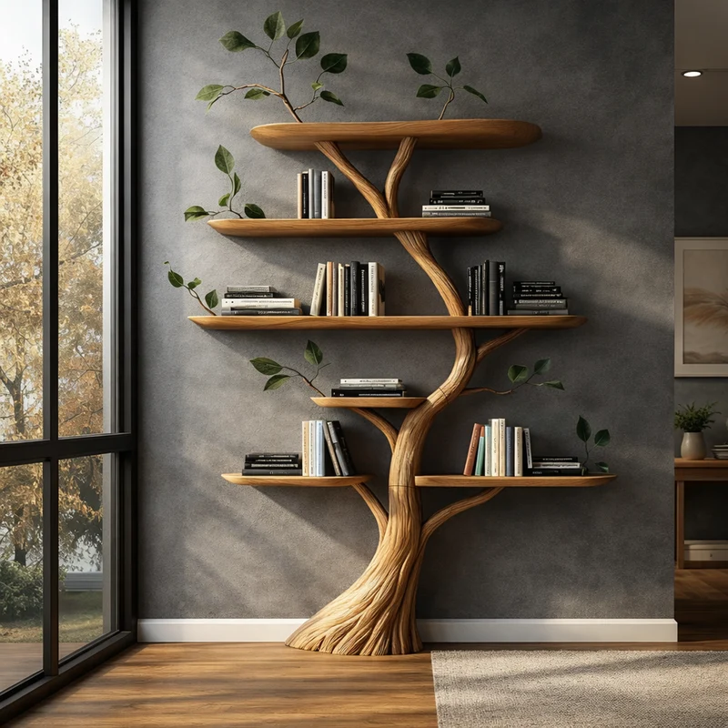 Spry Interior Handcrafted Wood Tree Bookshelf, Floating Branch Wall Mounted Bookcase Display Shelf for Living Room and Office, SINLKITB626