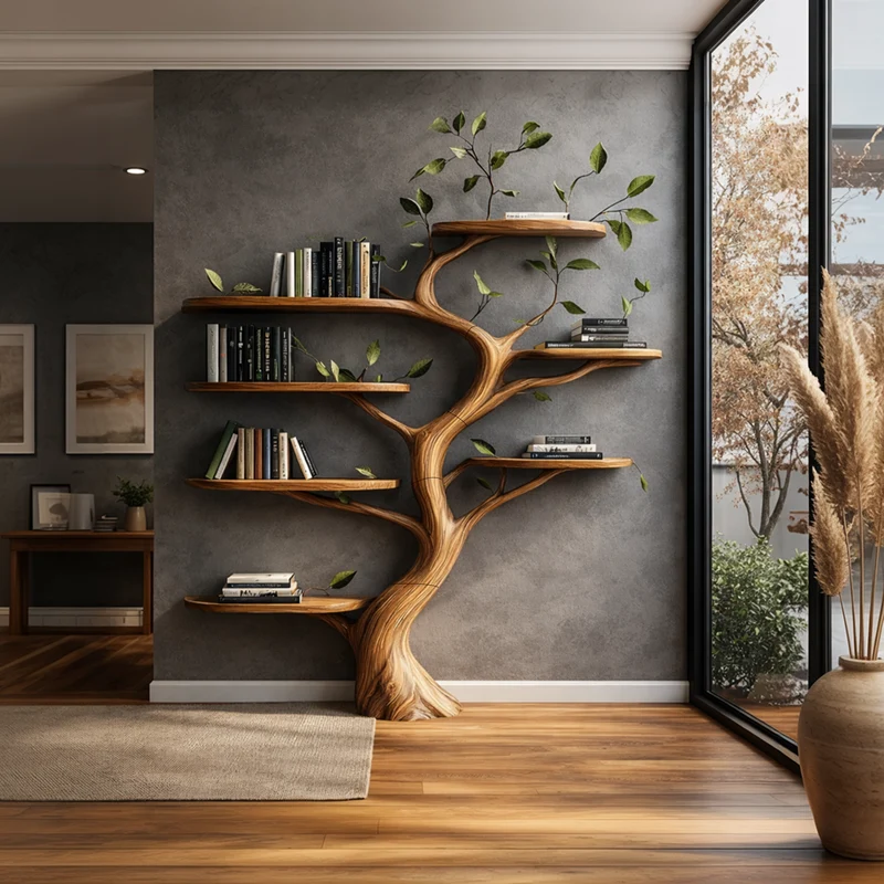 Spry Interior Organic Wood Tree Bookshelf, Handcrafted Floating Branch Wall Mounted Bookcase Display for Modern Living Room, SINLKITB625