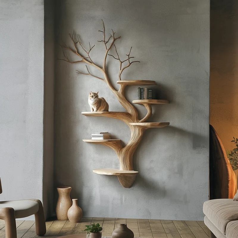Spry Interior Organic Modern Wood Tree Display Shelf, Handcrafted Floating Branch Wall Mounted Bookcase for Living Room Art, SINLSATBS121