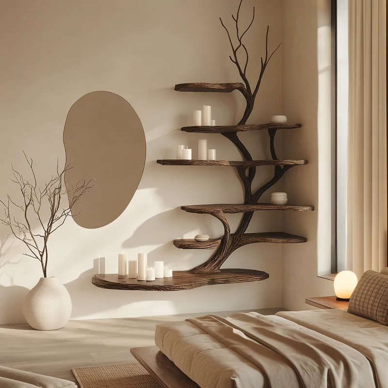 Spry Interior Organic Modern Artistic Wood Wall Display Shelf, Handcrafted Floating Bookcase for Bedroom Reading Room Decor, SINLSATB631