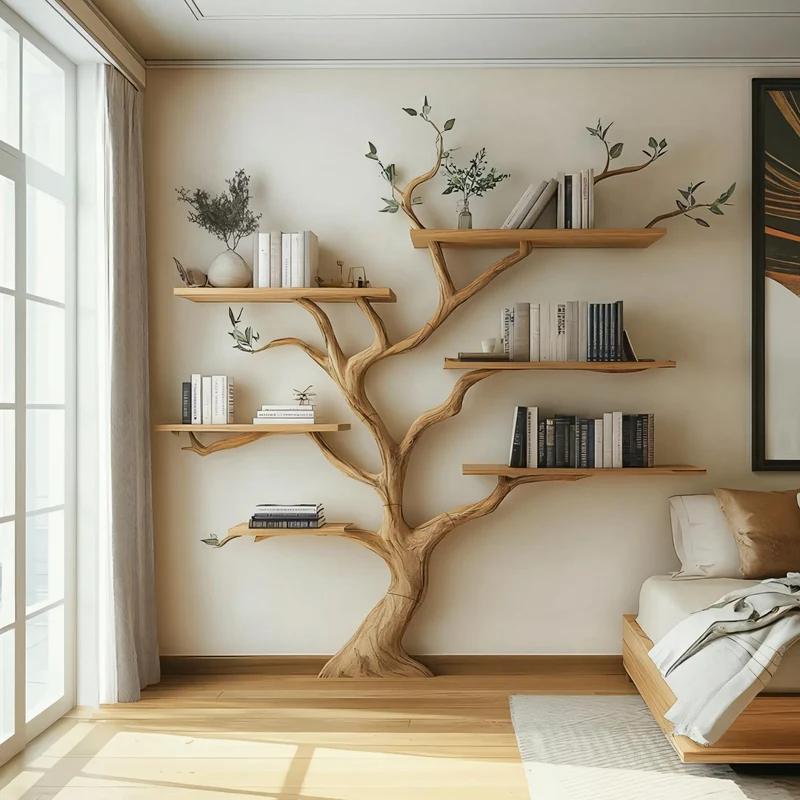 Spry Interior Rustic Nature Inspired Wood Branch Bookshelf, Handcrafted Floating Wall Mounted Bookcase Storage for Bedroom Decor, SINLKITB609