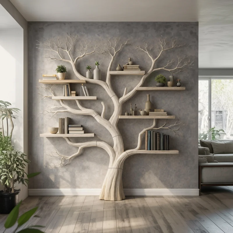 Spry Interior Rustic Wood Tree Bookshelf, Handcrafted Floating Branch Wall Mounted Bookcase for Living Room Bedroom Storage, SINLKITB621