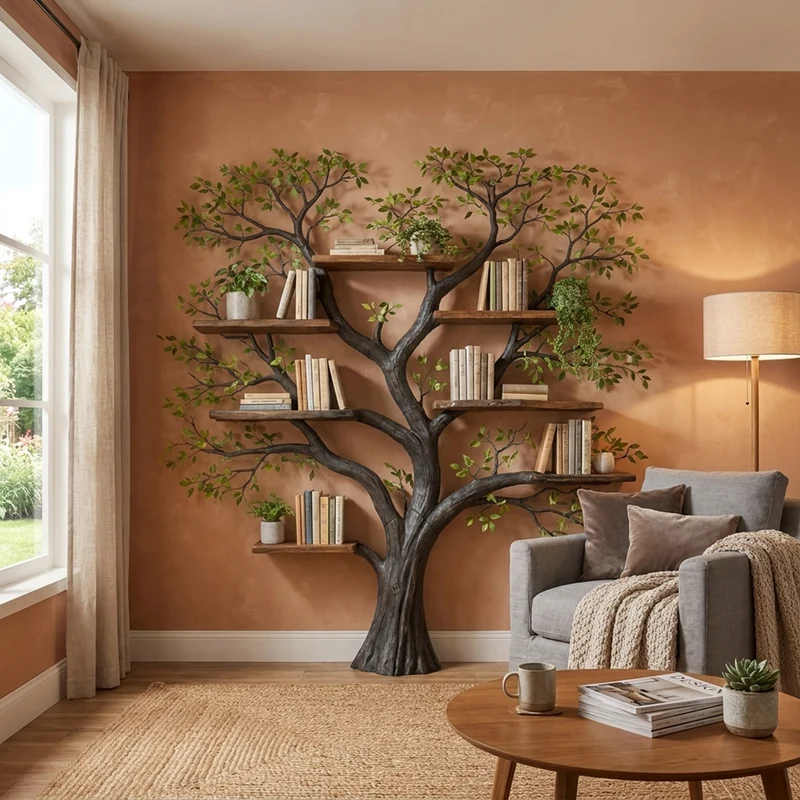 Spry Interior Handcrafted Wood Tree Storage Bookcase, Wall Mounted Floating Branch Display Shelf Statement Piece for Living Room, SINLKITB620