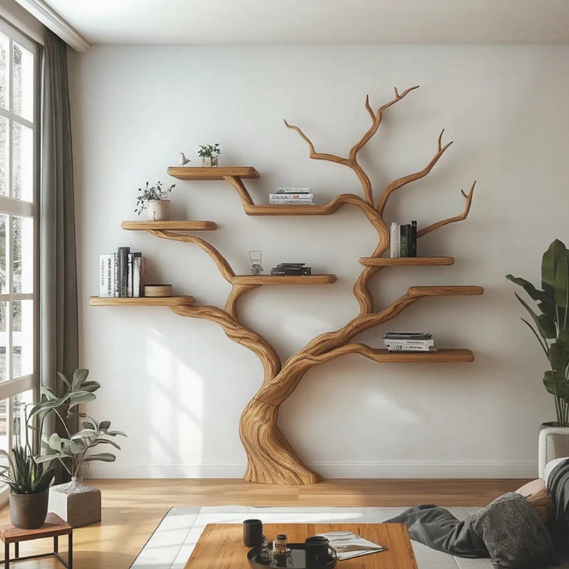 Spry Interior Rustic Wood Tree Bookcase, Handcrafted Floating Branch Wall Mounted Bookcase Display Shelf for Living Room Decor, SINLKITB619