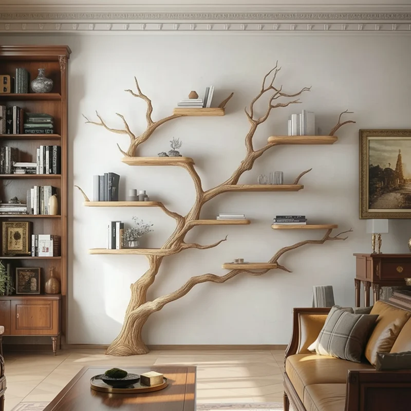 Spry Interior Rustic Handcrafted Wood Tree Wall Bookshelf, Floating Branch Mounted Bookcase Statement Piece for Living Room Decor, SINLKITB618