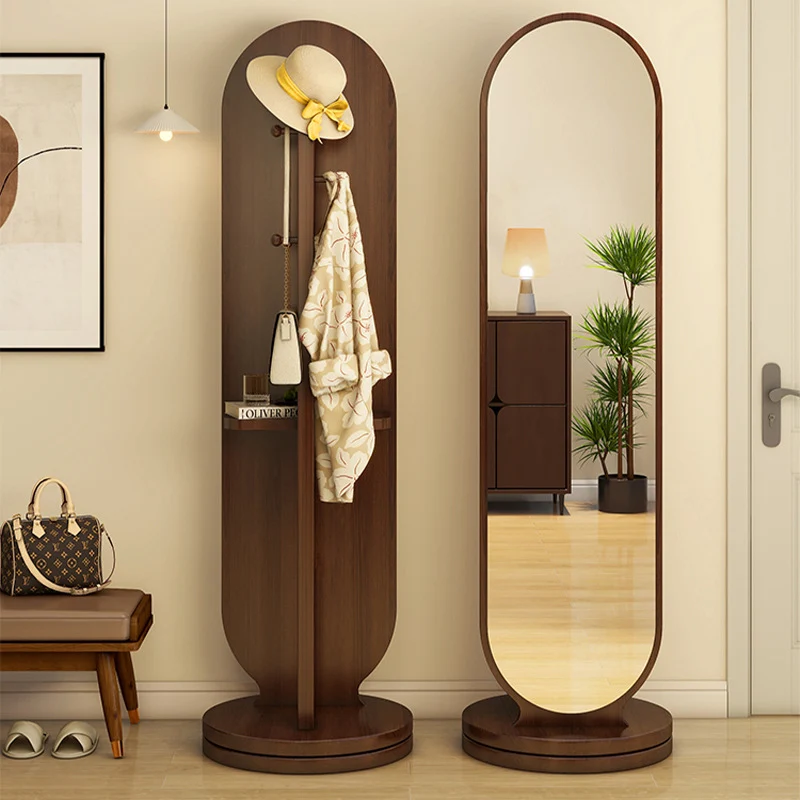 Modern Minimalist Particleboard Glass Round Swivel Hall Tree With Full-Length Mirror For Bedroom & Living Room