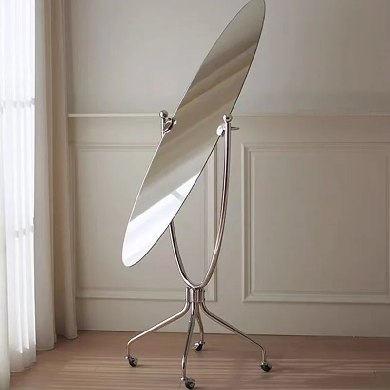 Modern Minimalist Stainless Steel Glass Oval Movable Full-Length Floor Mirror For Living Room & Bedroom