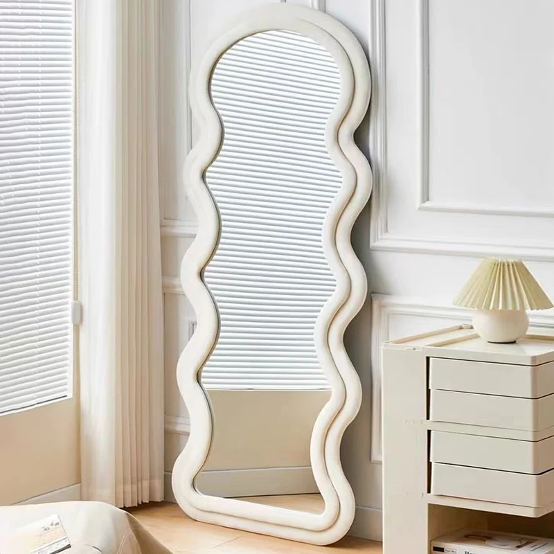 Contemporary Nordic MDF Velvet Glass Carbon Steel Oval Wave-Shaped Full-Length Floor Mirror Anti-Explosion & Anti-Tip Design For Living Room & Bedroom