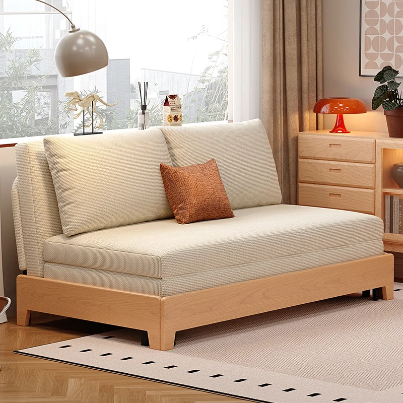 Modern Minimalist Linen Rubberwood Steel Rectangular Folding Sofa Convertible Sleeper Sofa For Living Room