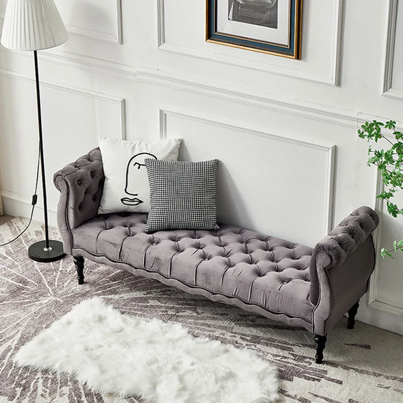 Modern Luxury Velvet Oak Wood Tufted Wave Shape Rectangular Bench With Armrest For Living Room