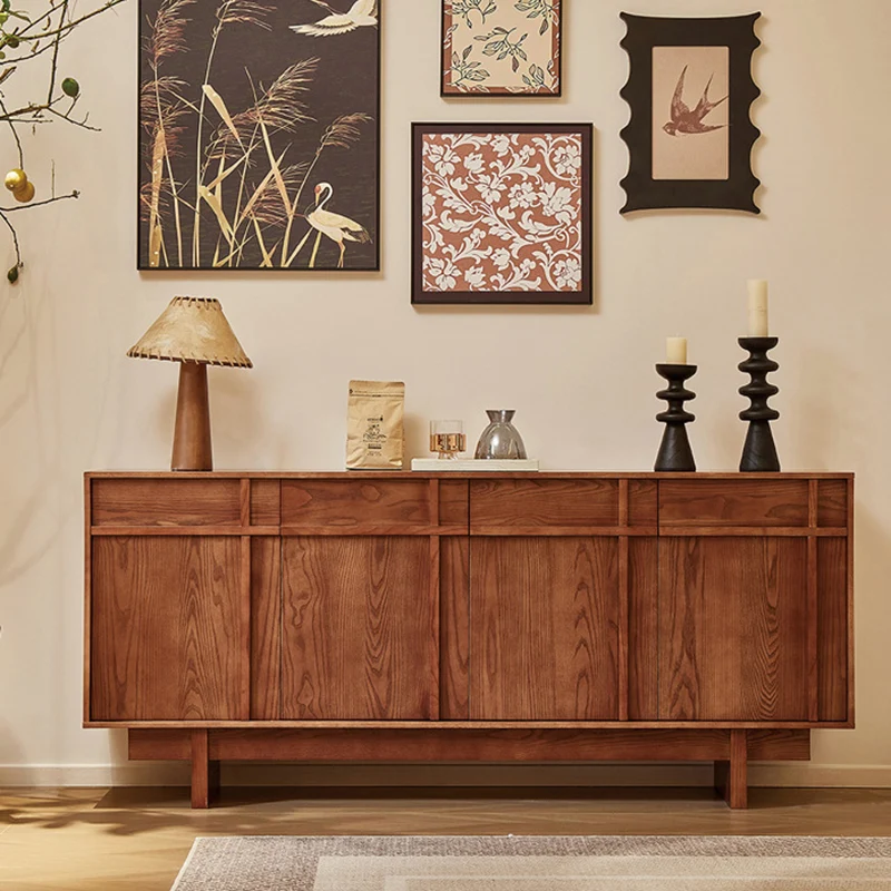 Traditional Vintage Oak Rectangular Sideboard Cabinet 4-Cabinet For Living Room
