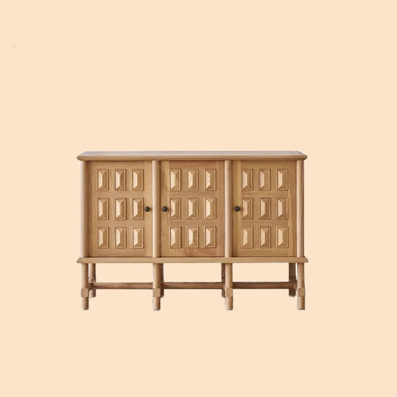 Traditional French Ash Wood Plywood Cylindrical Grid Rectangular Sideboard Cabinet 3-Cabinet For Living Room