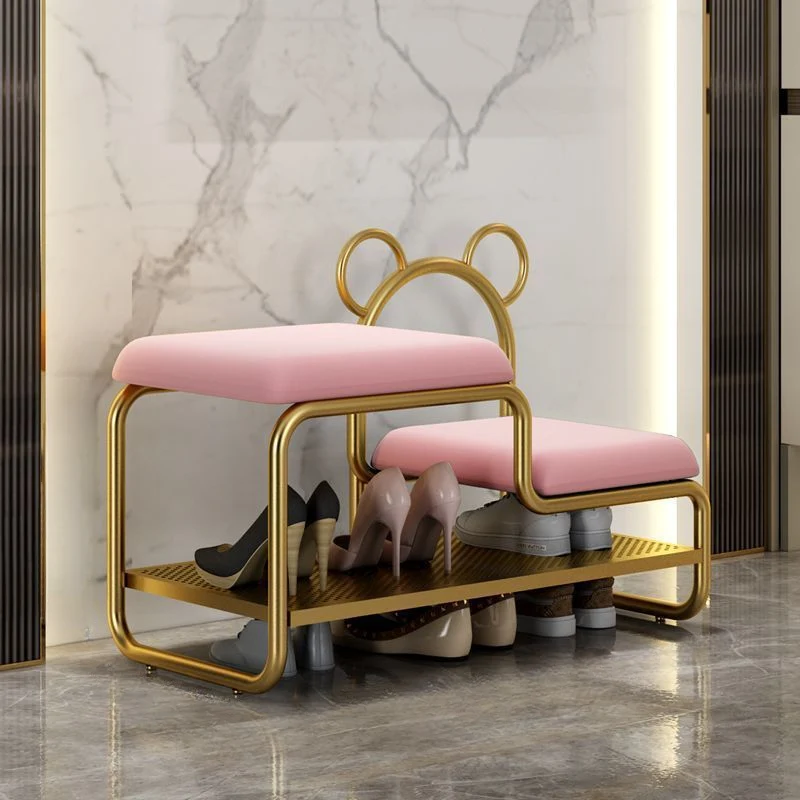 Contemporary Scandinavian PU Leather Metal Bear Shape Rectangular Shoe Bench 1-Tier For Living Room
