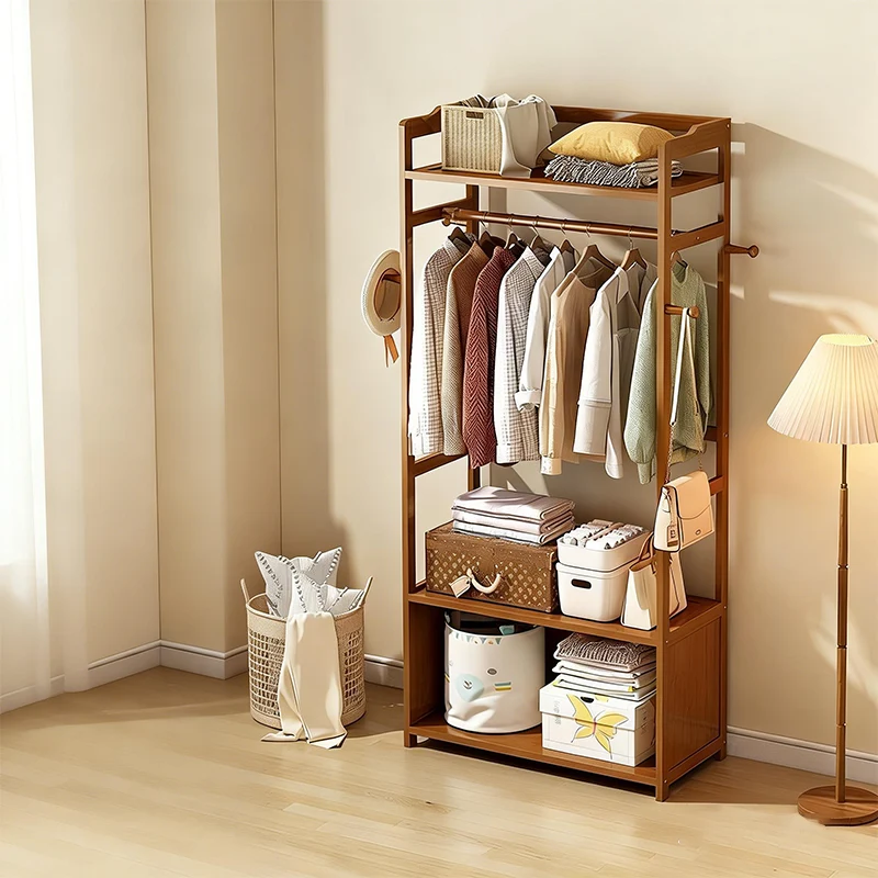 Traditional Vintage Bamboo Rectangular Cylindrical Hall Tree Coat Rack 2-Tier For Bedroom