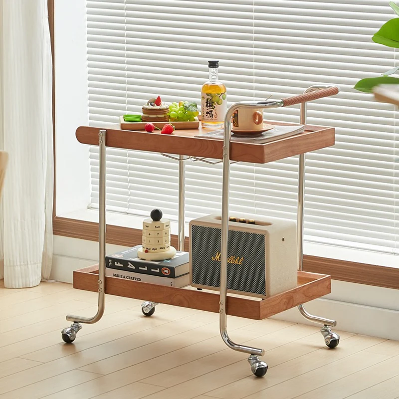 Modern Minimalist Solid Wood Stainless Steel Glass Rectangular Rolling Side Table Cart 2-Tier For Living Room