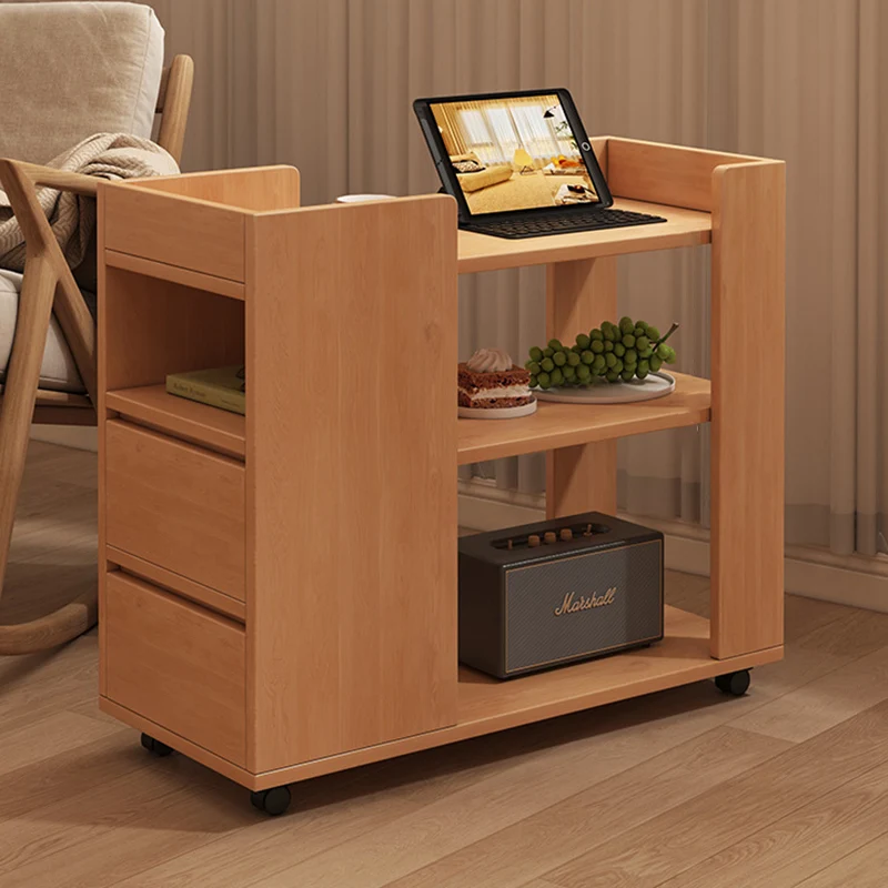 Modern Minimalist MDF Rectangular Mobile Side Table Cart With 2 Drawers & 3 Tiers For Living Room, Bedroom, Home Office