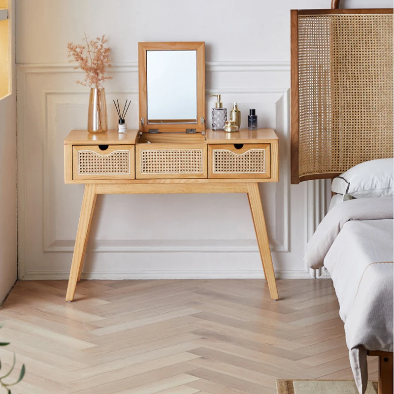 Contemporary Scandinavian Ash Wood Plywood Rattan Weaving Rectangular Vanity Table With Mirror & 2 Drawers For Bedroom