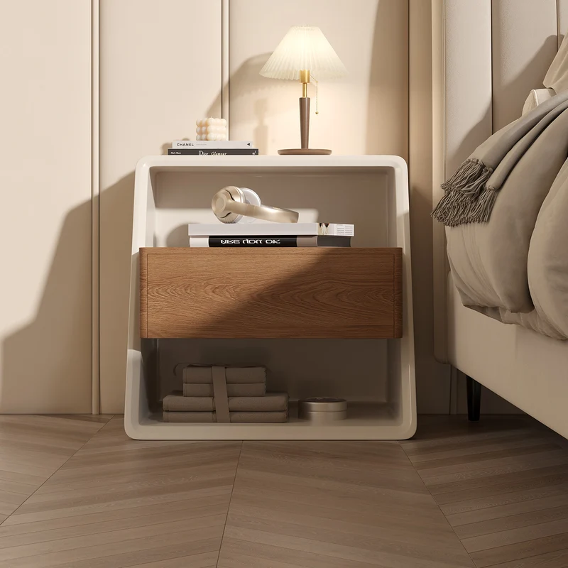 Modern Minimalist Pine & Plywood Rectangular Nightstand With 3-Tier Storage For Bedroom