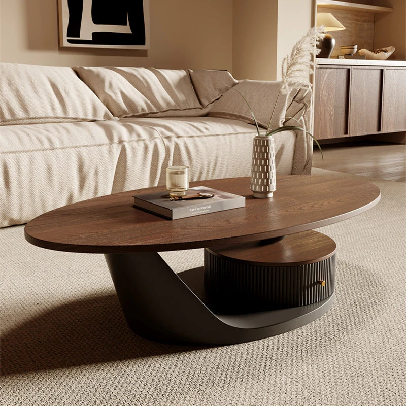 Modern Luxury Oval Plywood Steel PVC Plastic-Steel Coffee Table 1-Drawer For Living Room