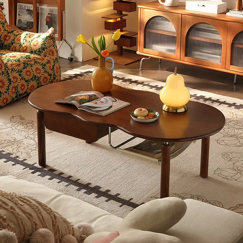 Traditional Vintage Rectangular Rubberwood Stainless Steel Coffee Table 1-Drawer For Living Room