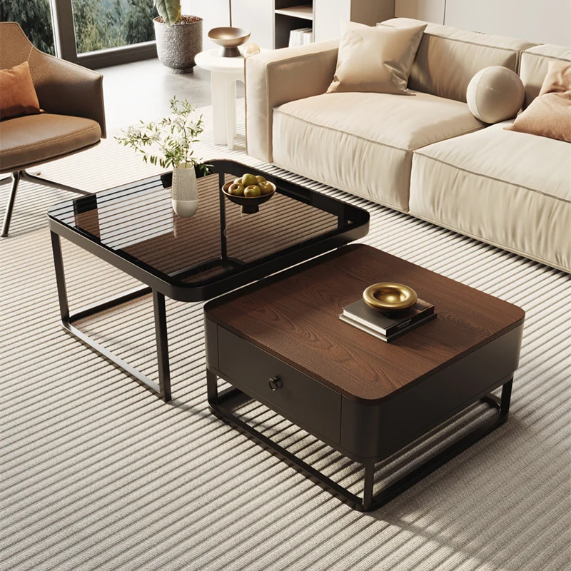 Traditional Vintage Square Plywood Carbon Steel Medium-Density Fiberboard PVC Coffee Table Set 1/2-Drawer For Living Room