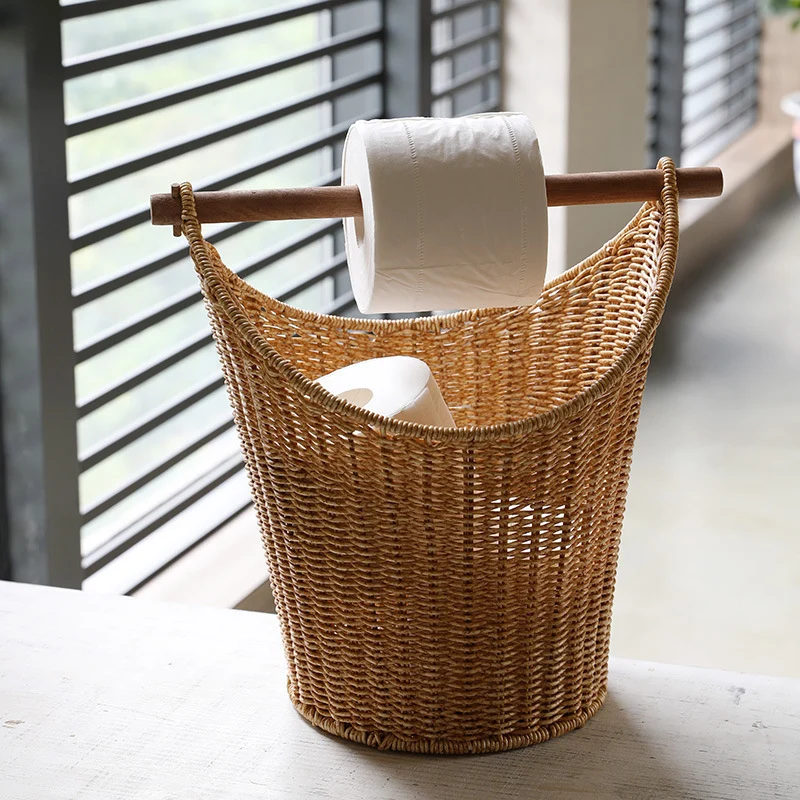 Traditional Farmhouse Round Faux Rattan Handwoven Storage Basket For Living Room