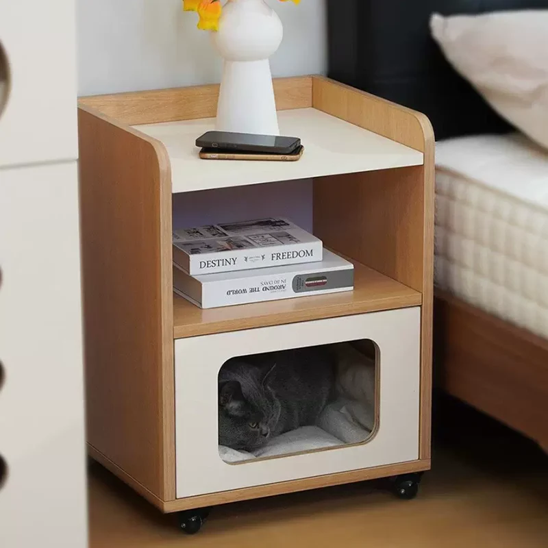 3-in-1 Pet Furniture Cat House With Storage Cabinet Nightstand - Creative Bedside Table & Multifunctional Pet House Furniture For Cats With Wheels For Bedroom