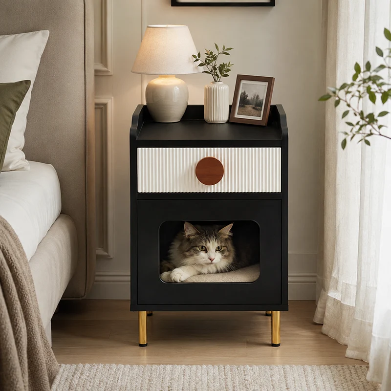 Contemporary Black Pet Cabinet With Cat House & Storage Drawer Nightstand - Creative Style Bedside Table For Cats, Multi-Functional Pet Furniture With Cat Bed For Bedroom