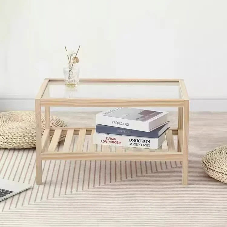 Modern Minimalist Plywood Glass Rectangular Coffee Table 2-Tier For Living Room