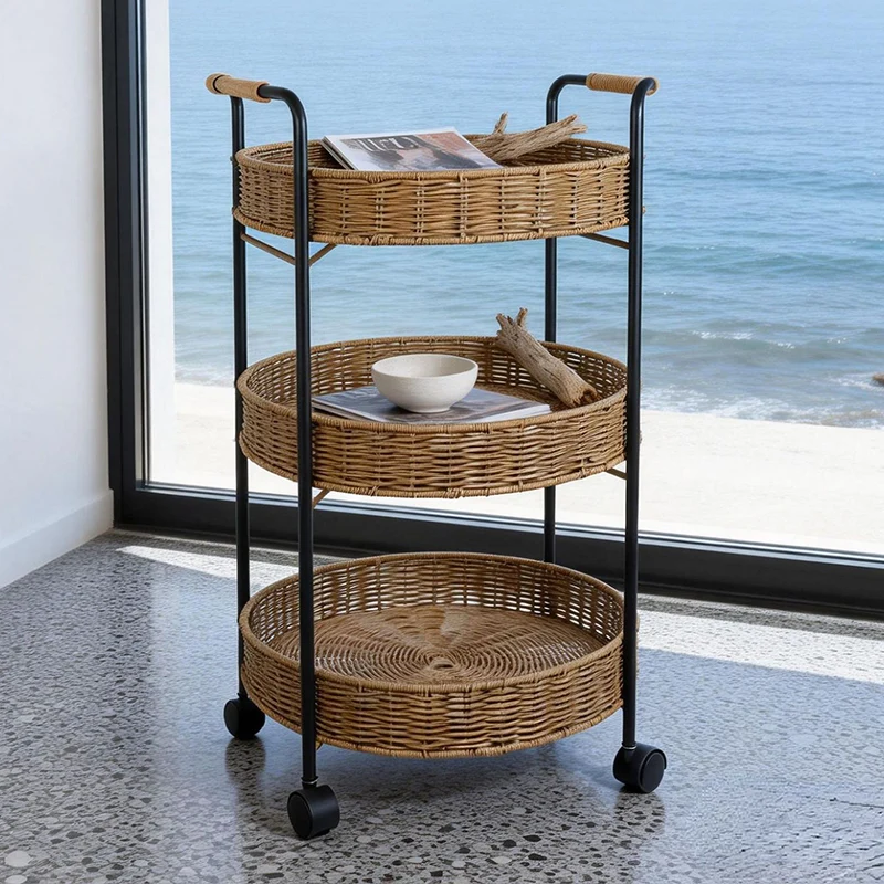 Modern Minimalist PE Rattan Carbon Steel Round Movable Weaving Side Table 3-Tier For Living Room