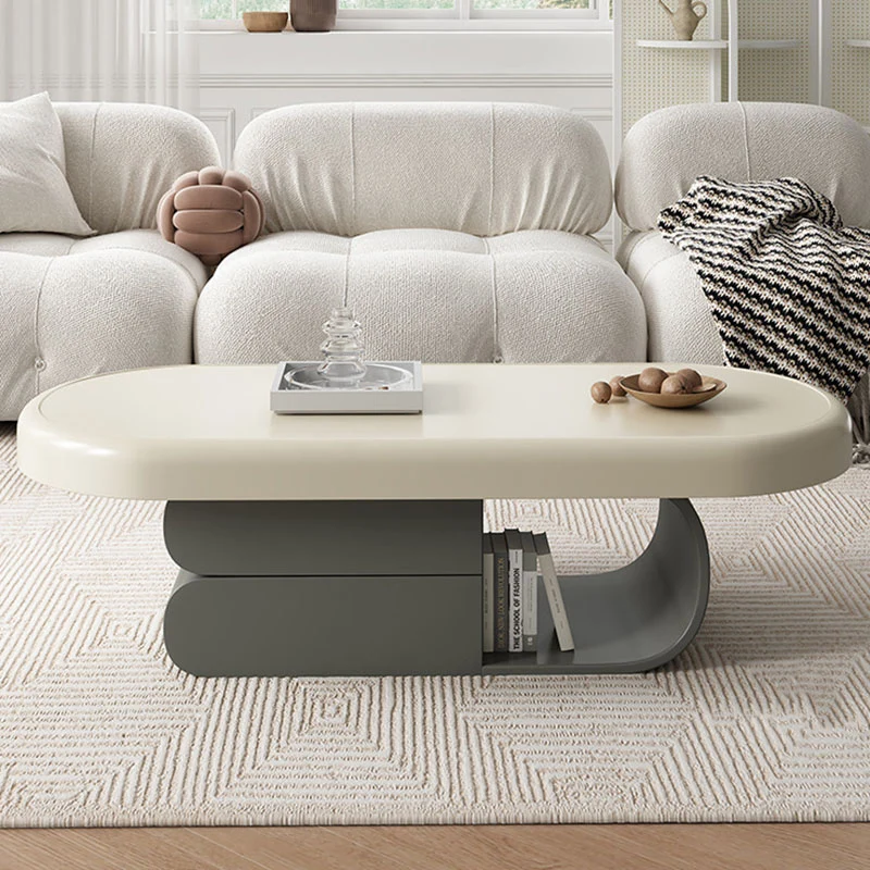 Contemporary Scandinavian Oval Plywood MDF Stone Slab Coffee Table 2-Drawer For Living Room