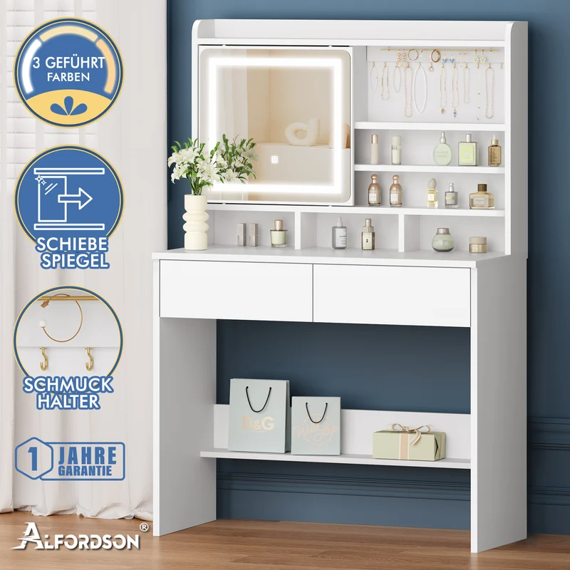 ALFORDSON Frisiertisch-Hocker-Set Schminktisch Spiegel Schrank Schminktisch Weiß