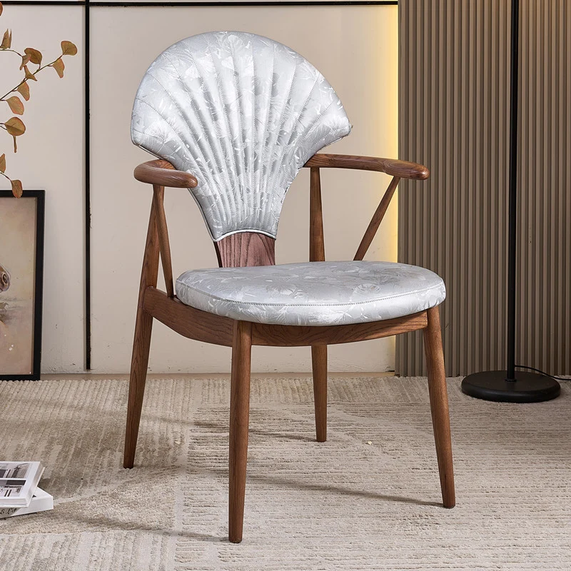 Contemporary Scandinavian Shell Shape PU Leather Ash Dining Chair Backrest Armrest For Dining Room