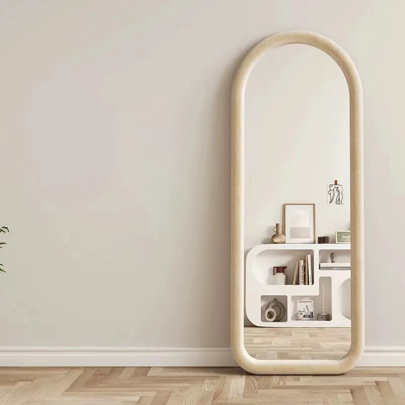 Contemporary Scandinavian Rounded Rectangle Glass MDF Velvet Fabric Full-Length Floor Mirror For Bedroom