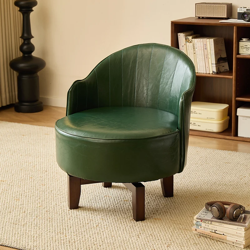 Traditional Chinese Rubber Wood Faux Oil Wax Leather Curved Swivel Accent Chair With Backrest For Living Room