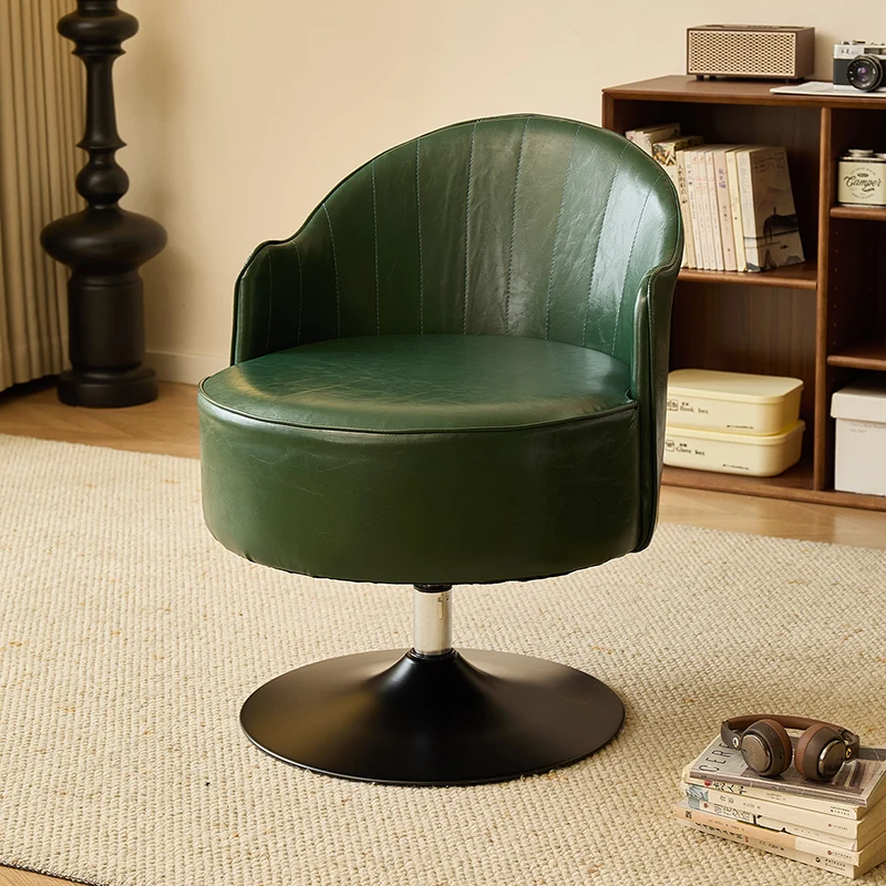 Traditional Vintage Faux Oil Wax Leather Carbon Steel Round Curved Accent Chair With Backrest For Living Room