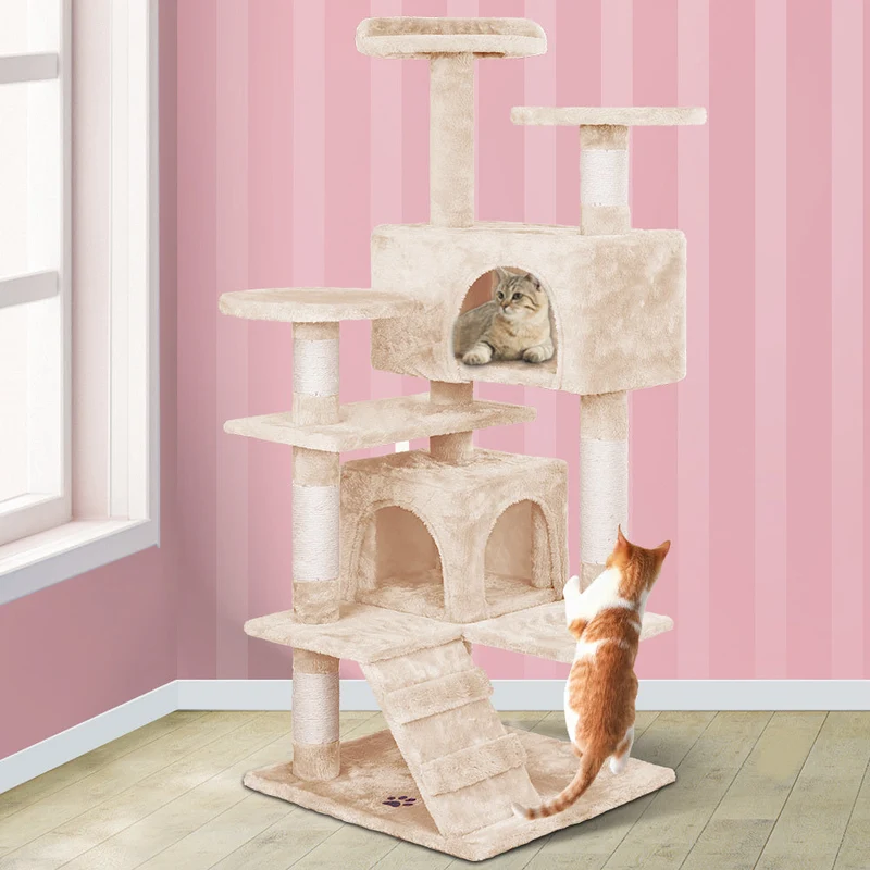 Kratzbaum, Kratzbaum mit Haus, Beige, 132 cm