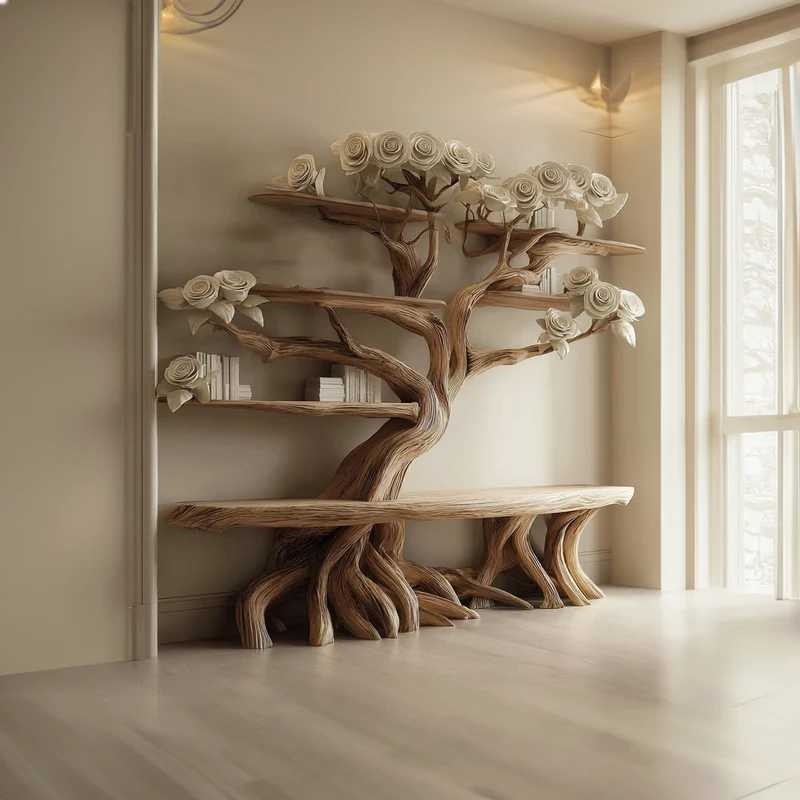 Midcentury Tree Bench Bookshelf Living Room SINLKITB243