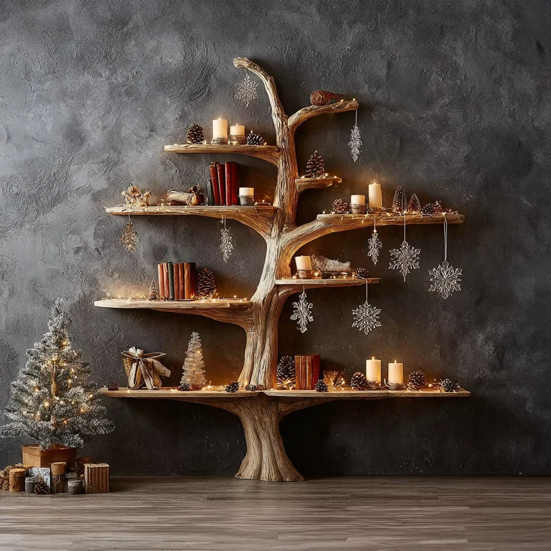 Rustic Tree Bookshelf Winter Living Room SINLKITB276